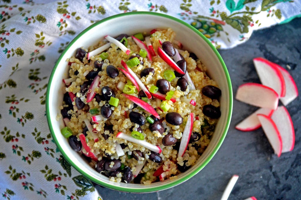 Quinoa Salad with radish, black bean, scallion and honey-lime dressing
