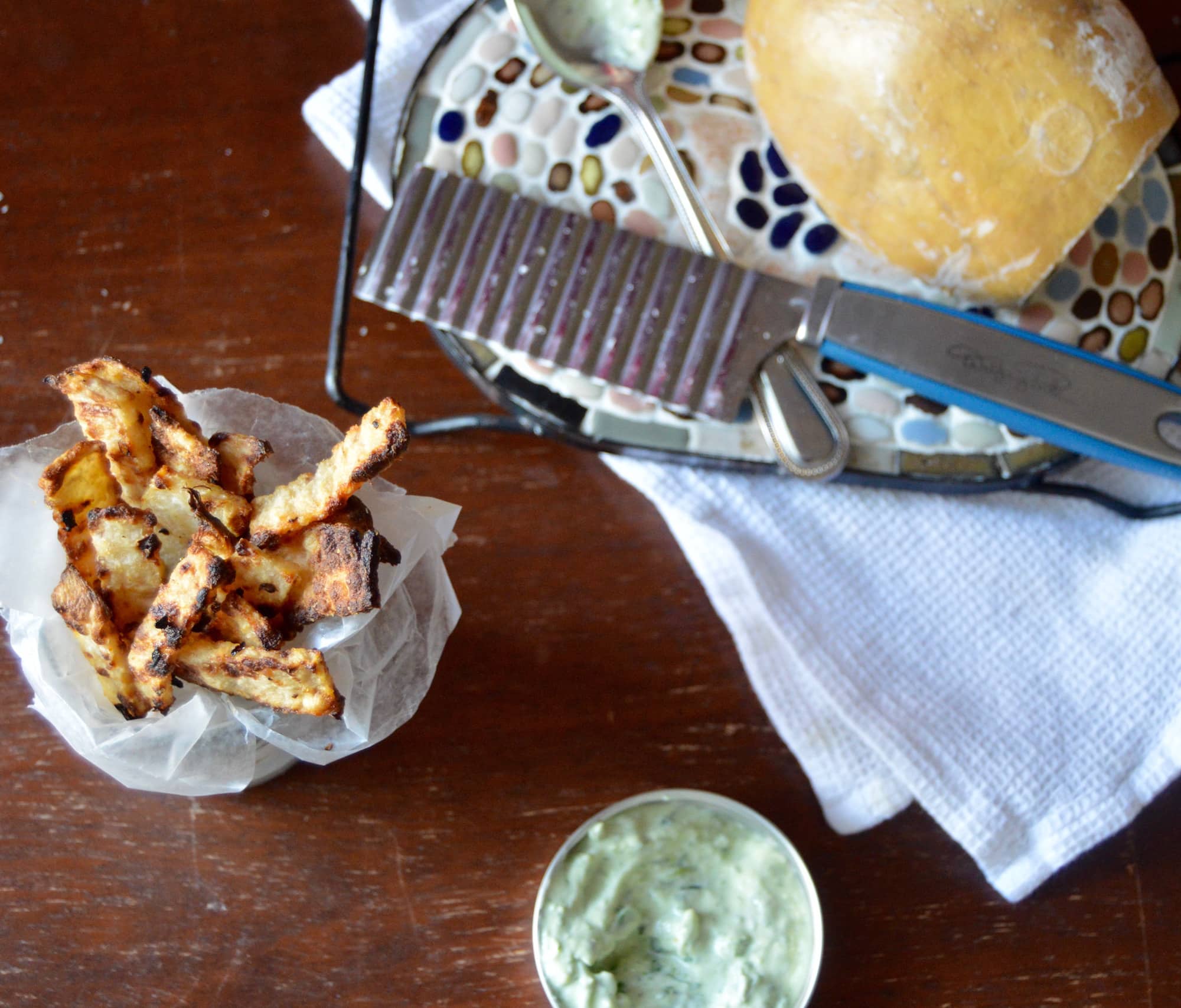 Jicama Fries with Garlic Dipping Sauce Low Carb Baked Fries