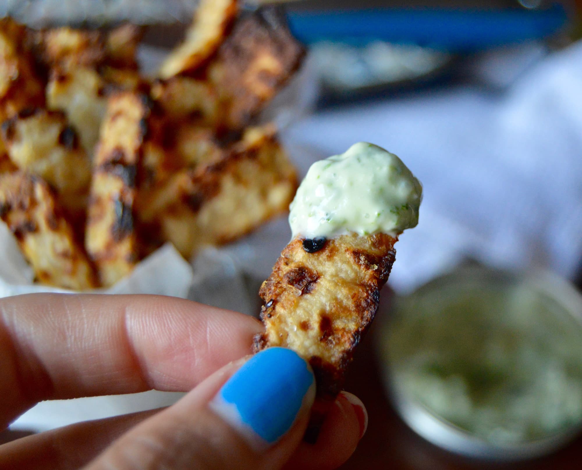 Jicama Fries with Garlic Dipping Sauce Low Carb Baked Fries