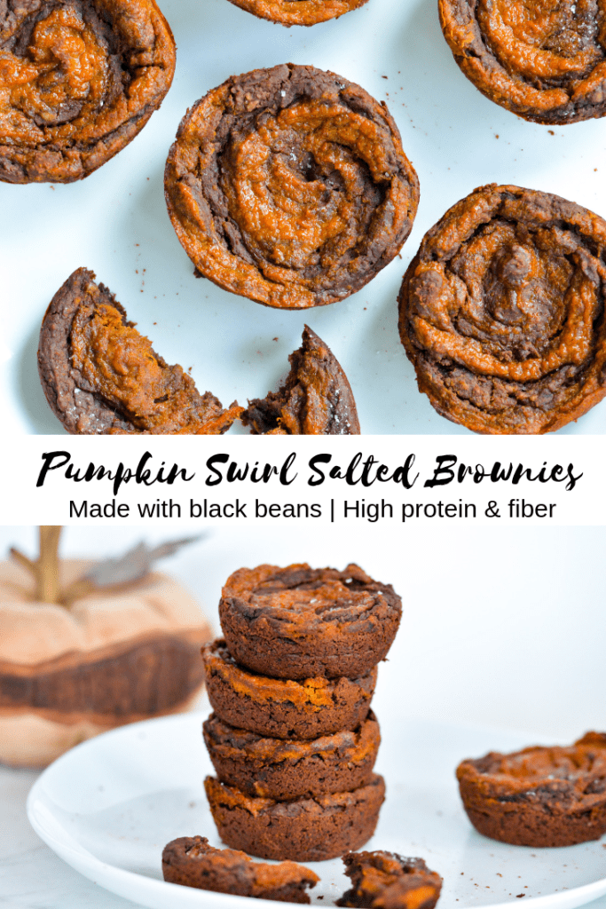 Pumpkin Swirl Salted Brownies are made with just pure maple syrup, black beans and oats. Completely gluten-free and high in protein and fiber. It's a tasty and healthy dessert! #dessert #blackbeanbrownies #brownies #pumpkin #falldessert