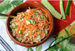lemony grain salad with cucumbers, carrots and feta
