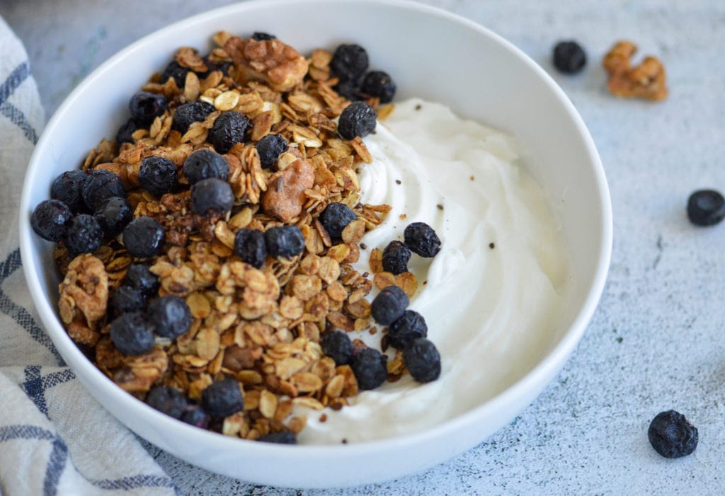 greek yogurt in a bowl with homemade bluberry trail mix