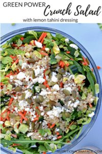 Quinoa, nuts, lettuce and feta come together under a delicious lemon tahini dressing for a salad you will be dying to eat all week long! #salad #greens #mealprep #yum