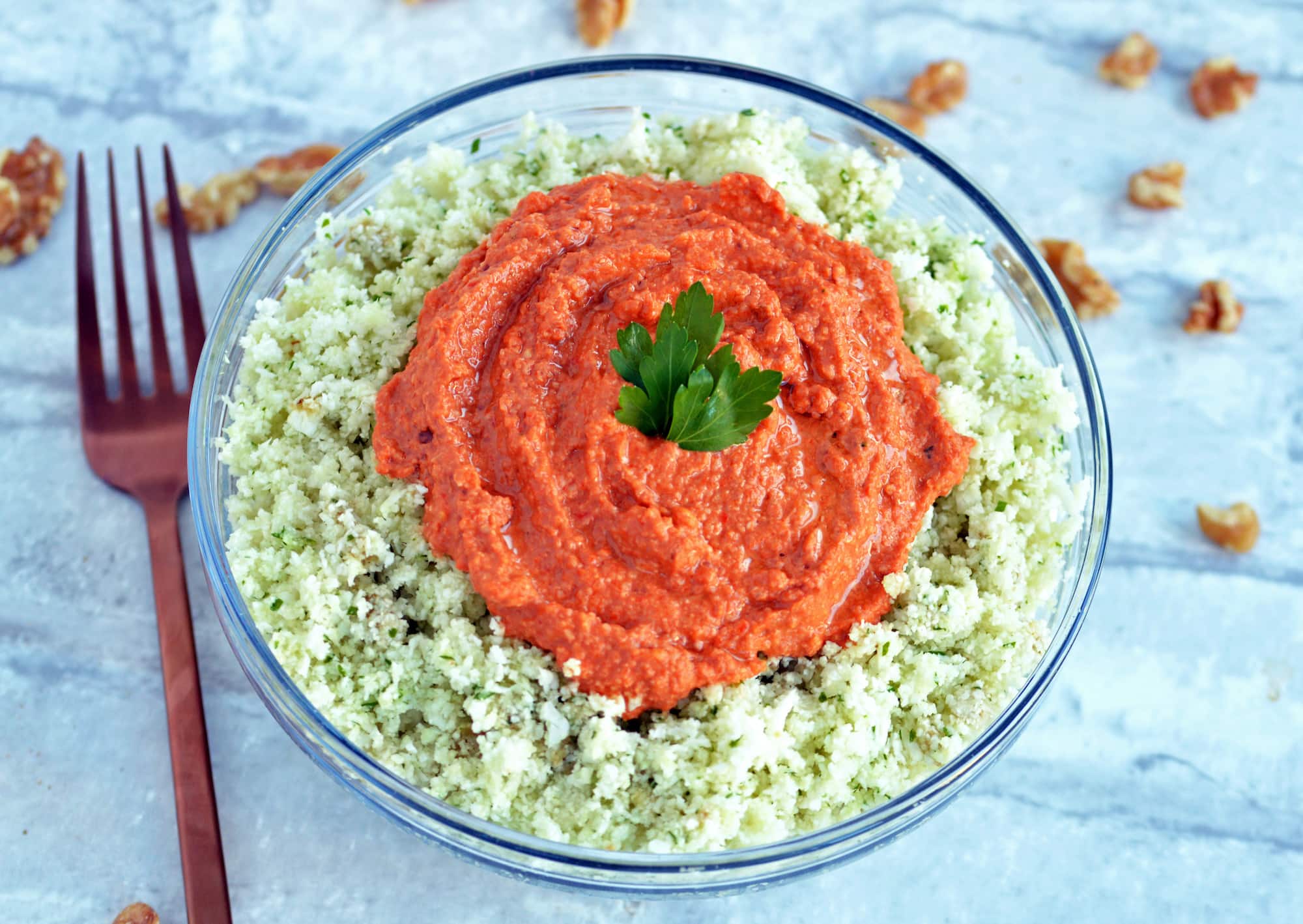 Cauliflower Rice with Walnut Romesco Sauce + 5 Reasons to Add More Fat To Your Diet