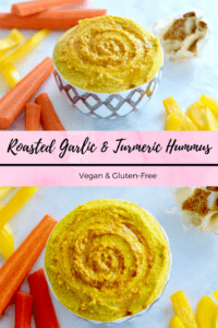 Spice up your hummus recipe with turmeric and roasted garlic. A simple vegan and high protein dip to eat all week! #vegan #healthyside #protein #appetizer #hummus #turmeric #antiinflammatory