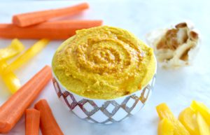 Recipe for Roasted Garlic and Turmeric Hummus. #vegan #healthyside #protein #appetizer #hummus #turmeric #antiinflammatory