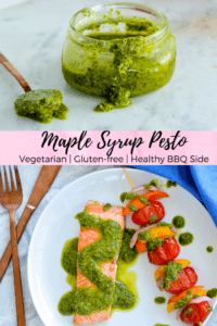 Recipe for Maple Syrup Pesto. Great addition to salmon & veggies! #ad #healthyside #dressing #BBQ #pesto #basil #maplesyrup #salmon 