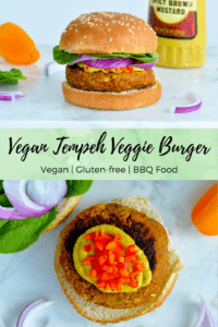 Vegan Veggie Burger Recipe. Made with tempeh & high in protein! #vegan #veggieburger #tempehrecipe #tempeh #veganBBQ #BBQ
