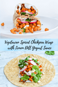 This healthy Chickpea Wrap Recipe with lemon dill yogurt sauce is so easy to make ahead of time for a healthy lunch! Just assemble, pack and enjoy!  #vegetarian #healthylunch #chickpeas #wraprecipe