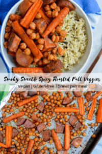 Smoky, Sweet Spicy Roasted Fall Veggies are the easiest sheetpan dinner or side. Completely #vegan and #glutenfree with tons of big flavor. Add your favorite potatoes or squash to the mix to change things up! #fallveggies #sheetpandinner #sheetpan #yum