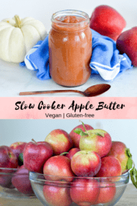 Slow Cooker Apple Butter is the ultimate fall snack. It's #vegan and pairs perfectly with toast, crackers, fruit or veggies. Throw it all in the slow cooker and it will be ready in no-time! #applebutter #vegansnack #slowcooker 