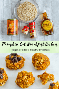 These pumpkin oat breakfast cookies are a healthy vegan portable breakfast for busy mornings. And they use up your leftover pumpkin puree! #vegan #breakfast #healthybreakfast #pumpkincookie