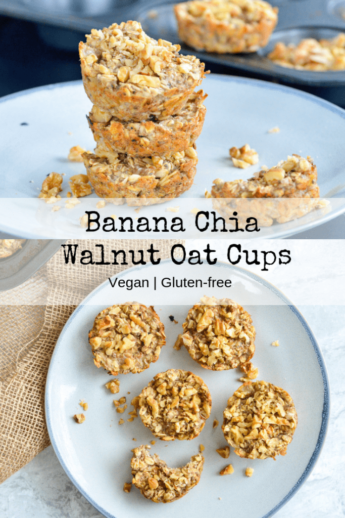 These Banana Chia Walnut Oat cups are the perfect make-ahead vegan and gluten-free breakfast. They are naturally sweetened with banana and contain no added sugar! #vegan #veganbreakfast #oatmealcups #noaddedsugar