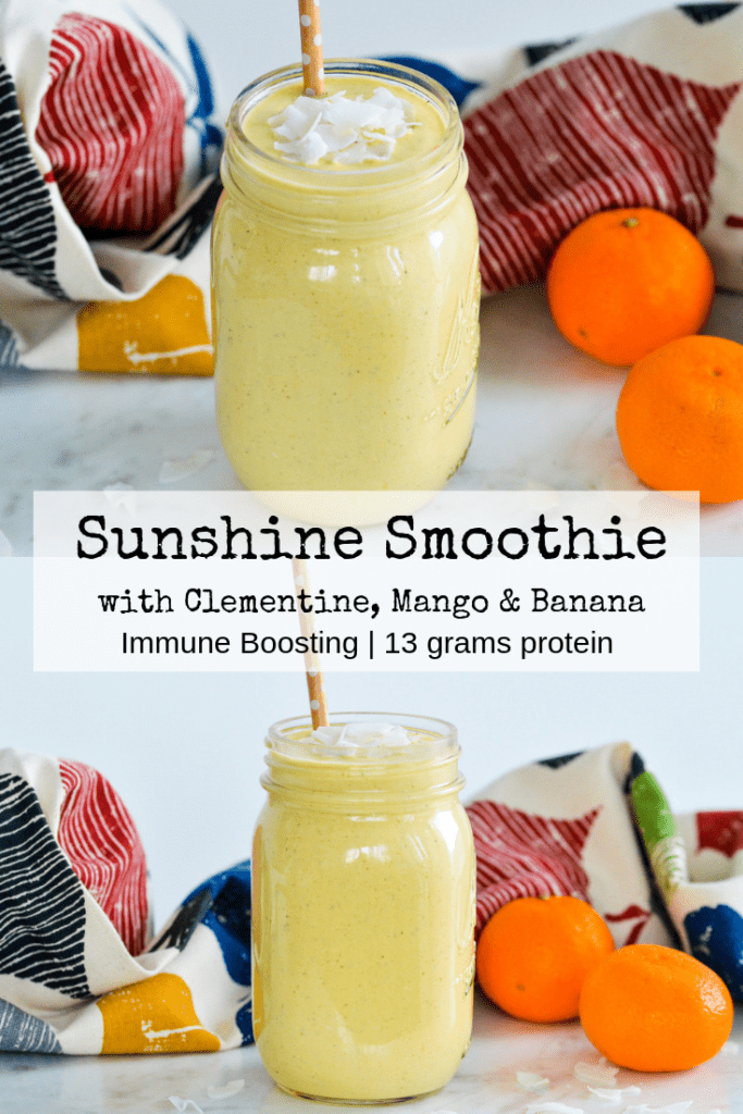Sunshine Smoothie: Mango, Clementine, Banana, Coconut smoothie with no added sugar and 13 grams of protein #immuneboosting #smoothie #protein #breakfast #tropical
