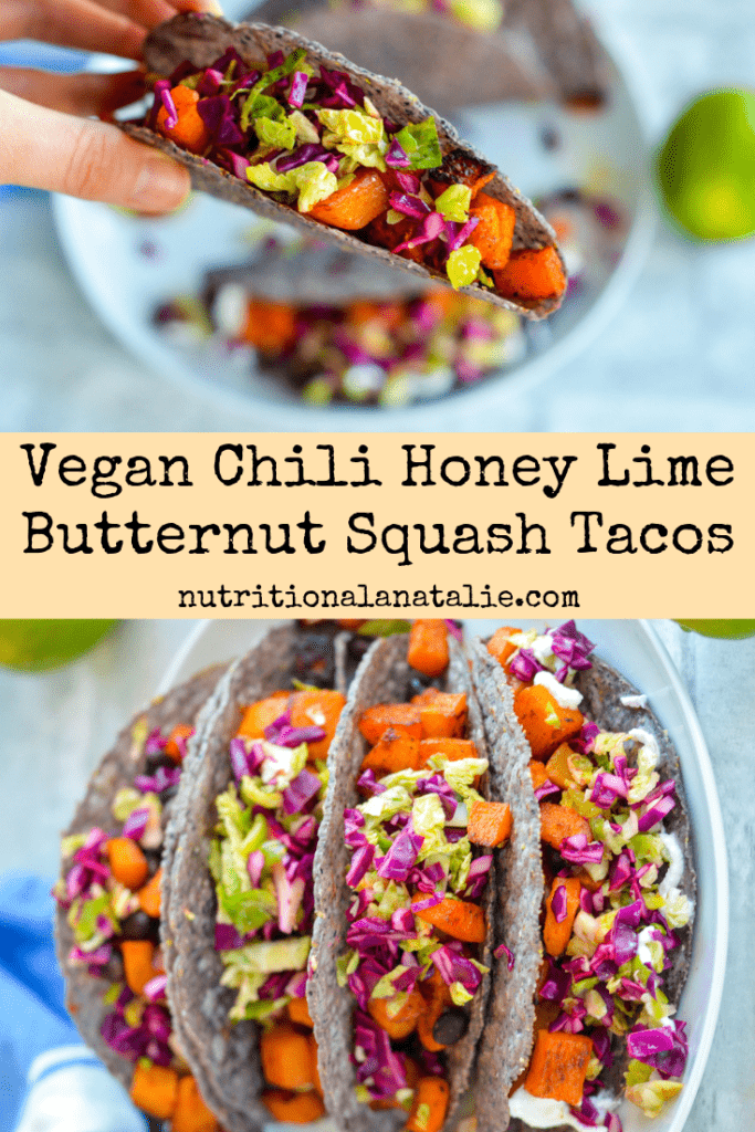 These vegan tacos are made with chili honey lime roasted butternut squash and black bean and topped with a simple and crunchy cabbage slaw for an easy taco night! #vegantacos #butternutsquashtacos #tacotuesday #healthytacos
