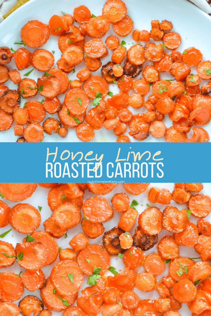 These sweet and tangy roasted carrots are coated in a lime and honey marinade. They are so yummy that they will please every veggie-hating picky eater in the house! #roastedvegetables #sidedish #healthyside #vegetarianside #vegetarianrecipe