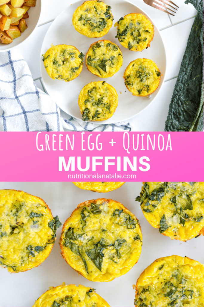 These healthy make-ahead egg cups have quinoa, kale, broccoli and cheddar cheese for a quick and portable high protein and veggie packed breakfast! #eggmuffins #eggcups #healthybreakfast #protein #kale