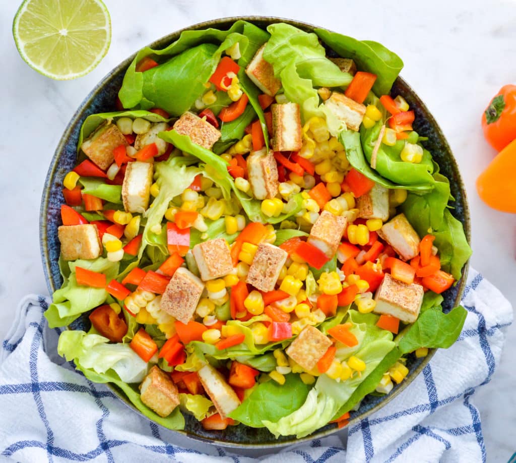Butter Lettuce Salad with Corn, Bell Peppers, Tofu Croutons and Lime Vinaigrette