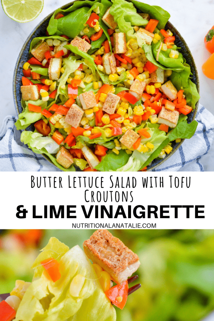 This tasty vegan salad is the perfect summer side of simple and nutritious lunch. It's a refreshing combination of sweet and tender butter lettuce, fresh corn, bell peppers and tofu croutons, topped with a lime vinaigrette! #vegansalad #tofu #healthylunch #veganrecipe #salad #vegan