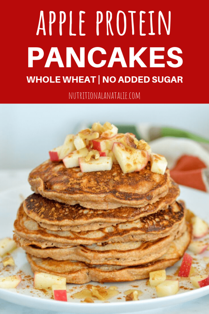 Whole grain apple pancakes with protein powder and natural protein sources. No added sugar! Made w/ whole wheat flour, eggs, milk, protein powder & apples! #proteinpancakes #healthypancake #applerecipe #brunch