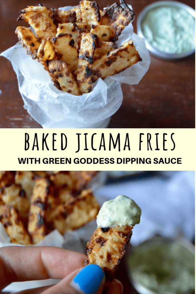 These lower carb baked jicama fries are the perfect healthy side dish for any meal. And don't forget the Green Goddess dipping sauce! #healthyfries #jicama #jicamamfries #bakedfries #vegetarian