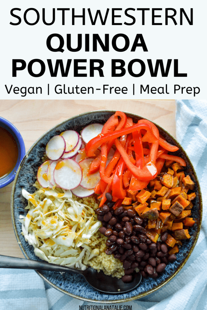 Vegetarian Power Bowl Recipe for lunch or dinner! Healthy Quinoa Salad that is vegan, vegetarian and gluten-free! #powerbowl #vegetarianrecipe #veganrecipe