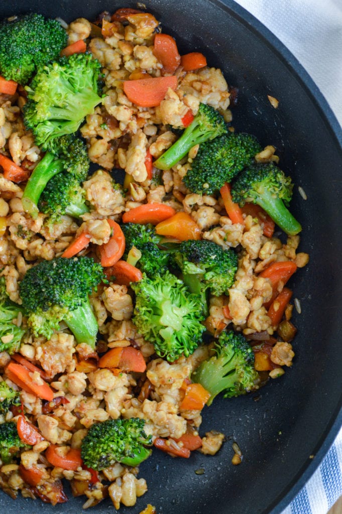 tempeh stir-fry with broccoli and hoisin sauce. Quick 30-minute vegan dinner