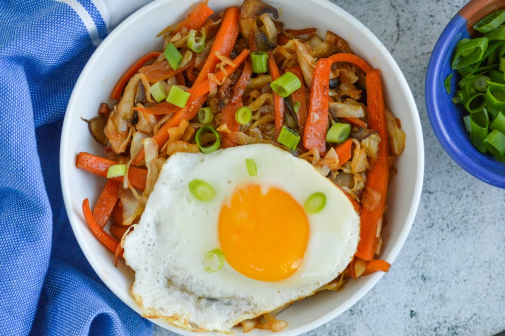 Vegetarian Egg Roll in a Bowl, made with cabbage, carrots & scallions