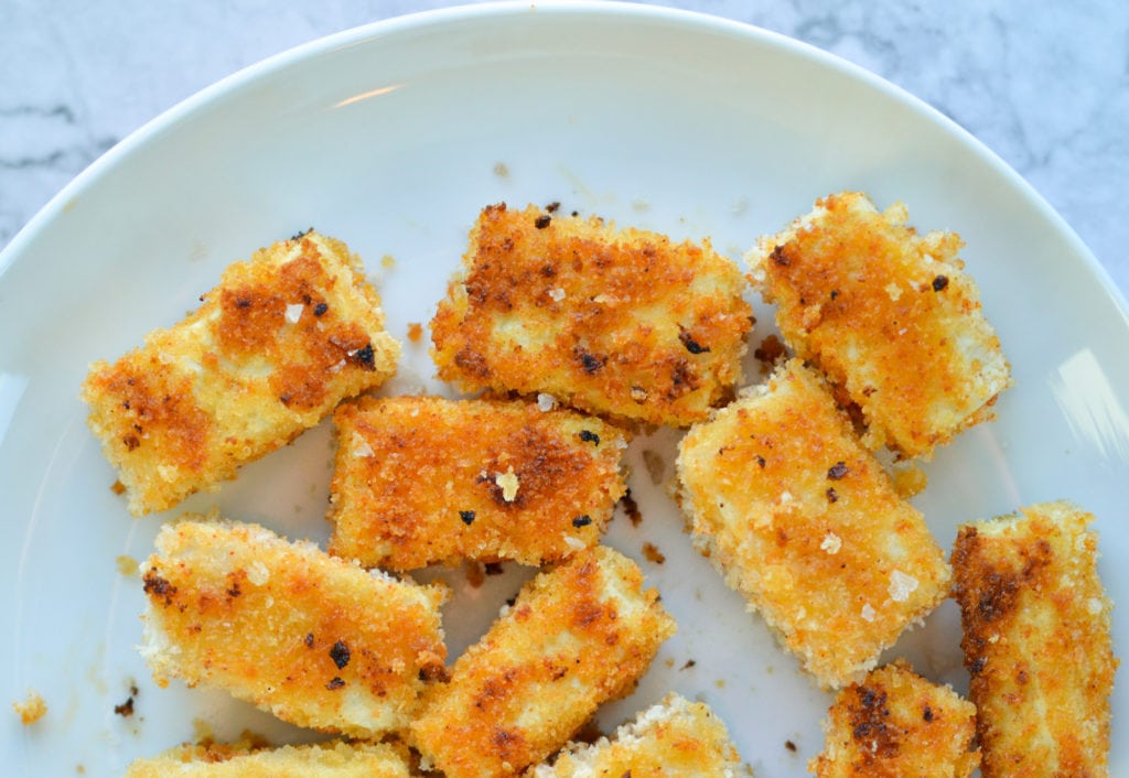 vegan tofu nuggets made with panko breadcrumbs on a white plate
