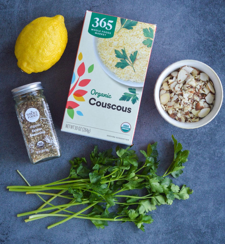 ingredients for vegan couscous with zaatar vinaigrette