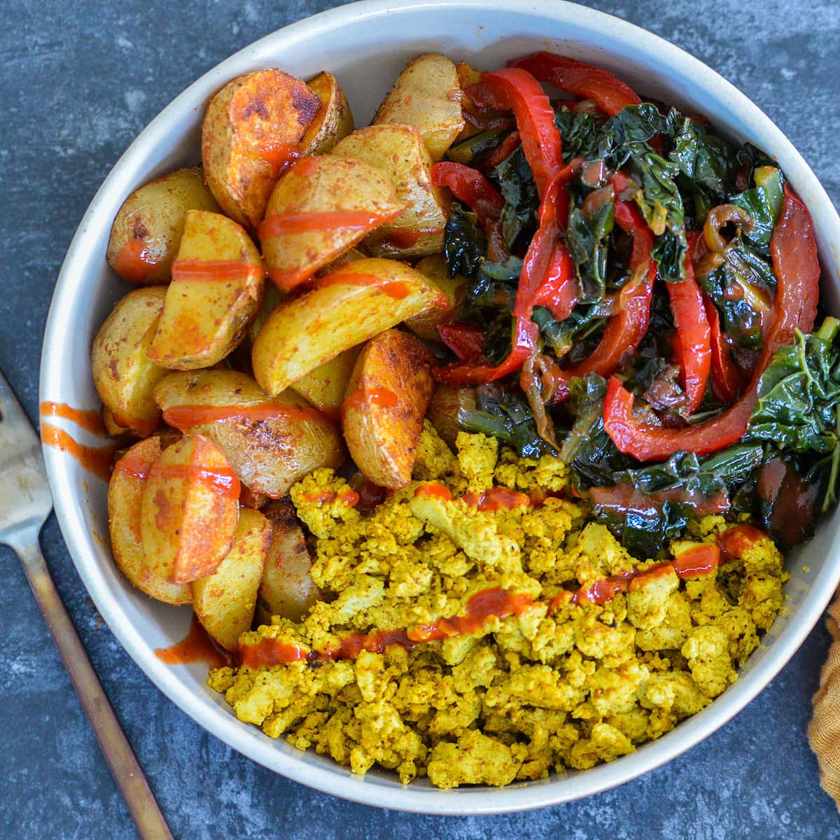Vegan Breakfast Bowl Roasted Potatoes Greens Tofu Scramble