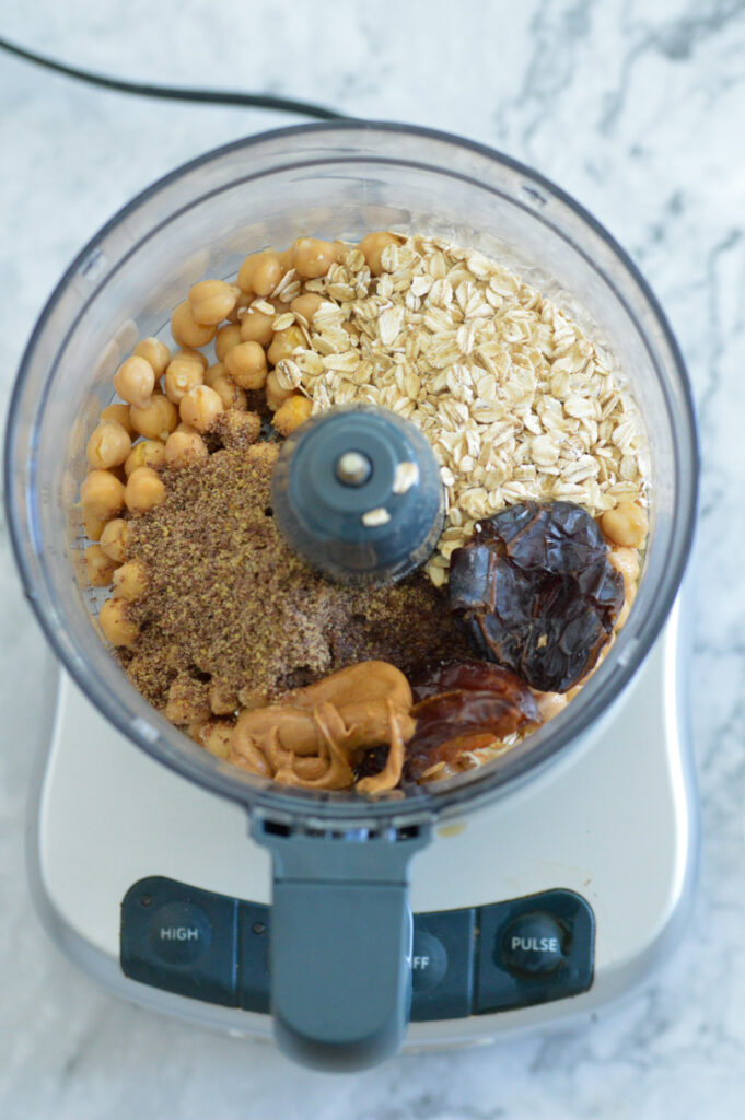 Chickpea Protein Cookie Dough Bites ingredients in a food processor